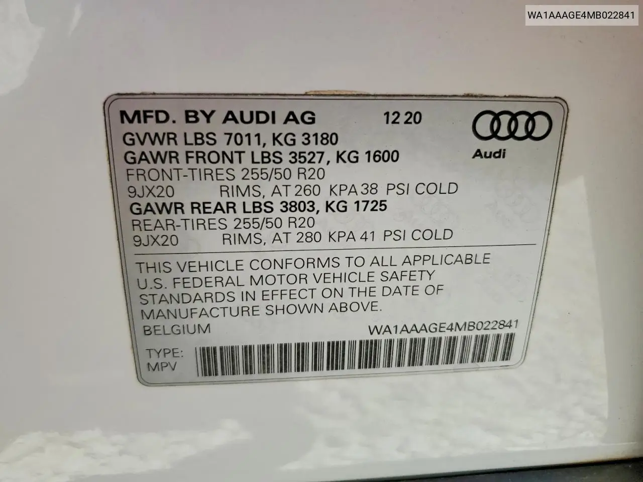 2021 Audi E-Tron Premium VIN: WA1AAAGE4MB022841 Lot: 58332186