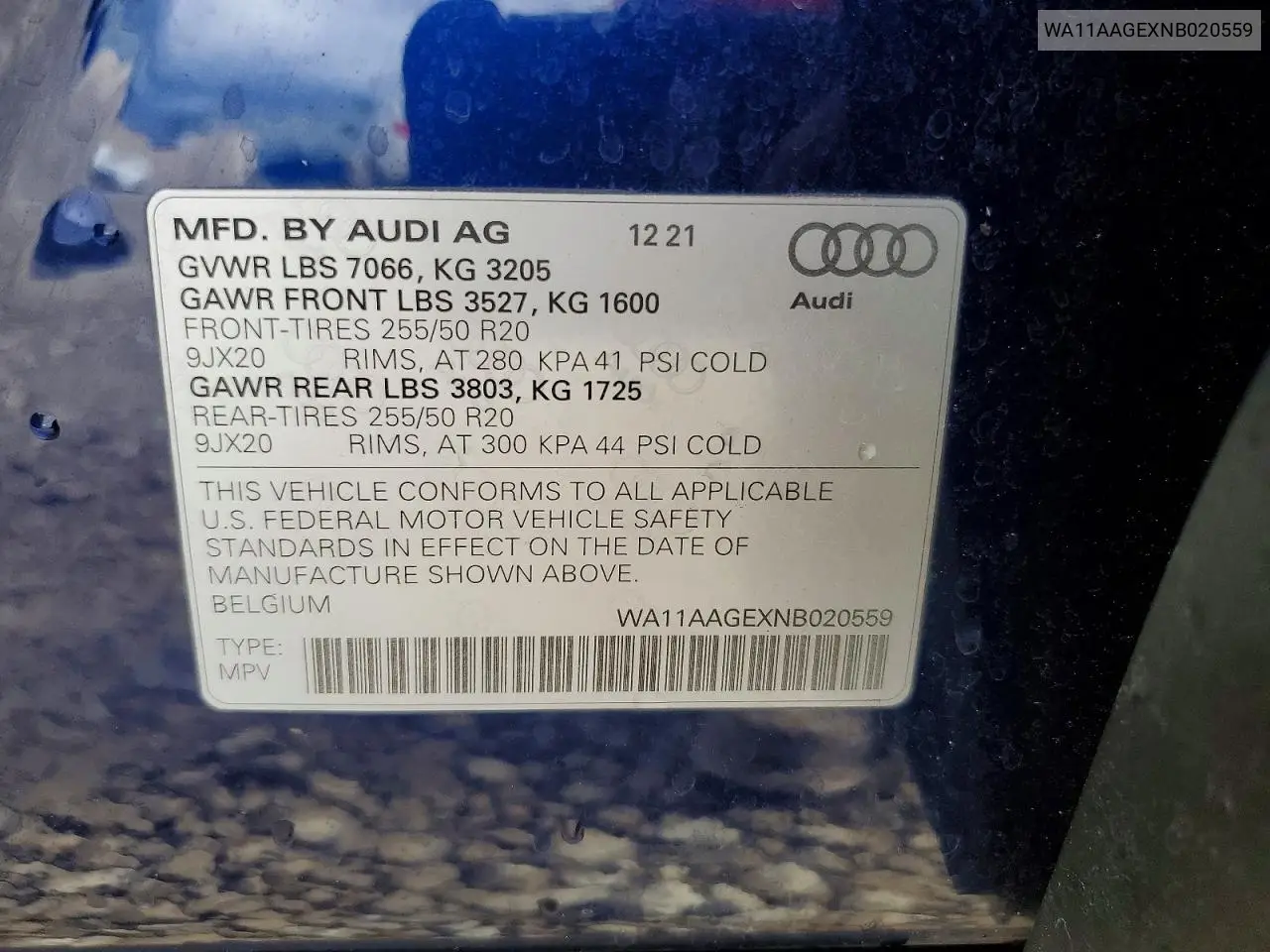 2022 Audi E-Tron Sportback Premium VIN: WA11AAGEXNB020559 Lot: 50621456