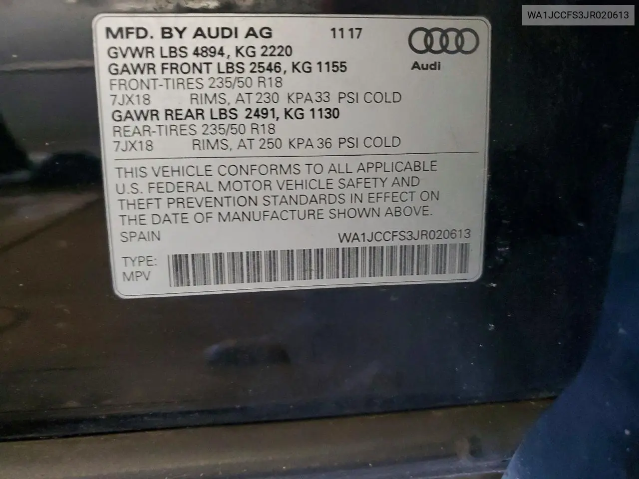 2018 Audi Q3 Premium Plus VIN: WA1JCCFS3JR020613 Lot: 60405016