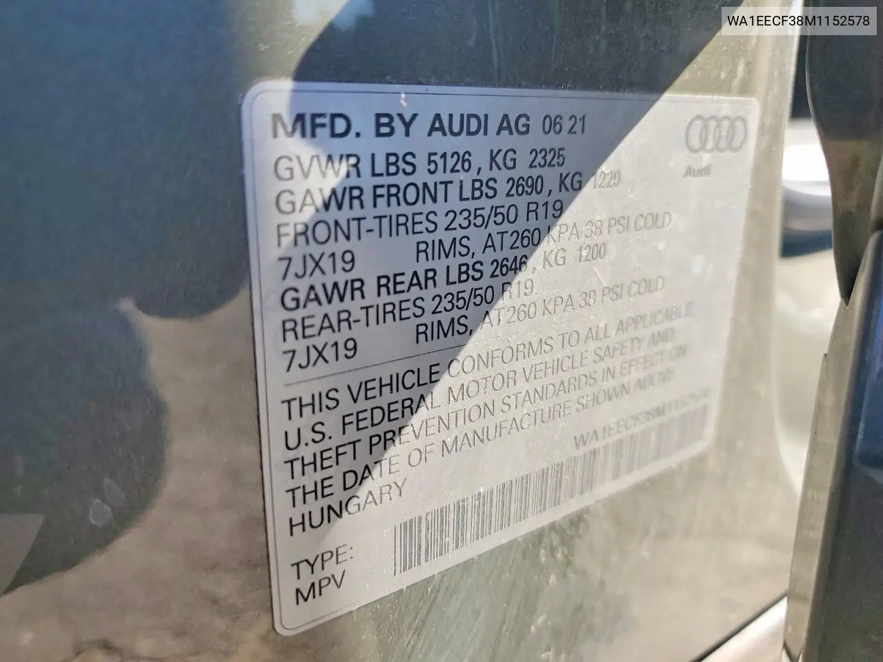2021 Audi Q3 Premium Plus S Line 45 VIN: WA1EECF38M1152578 Lot: 58934696