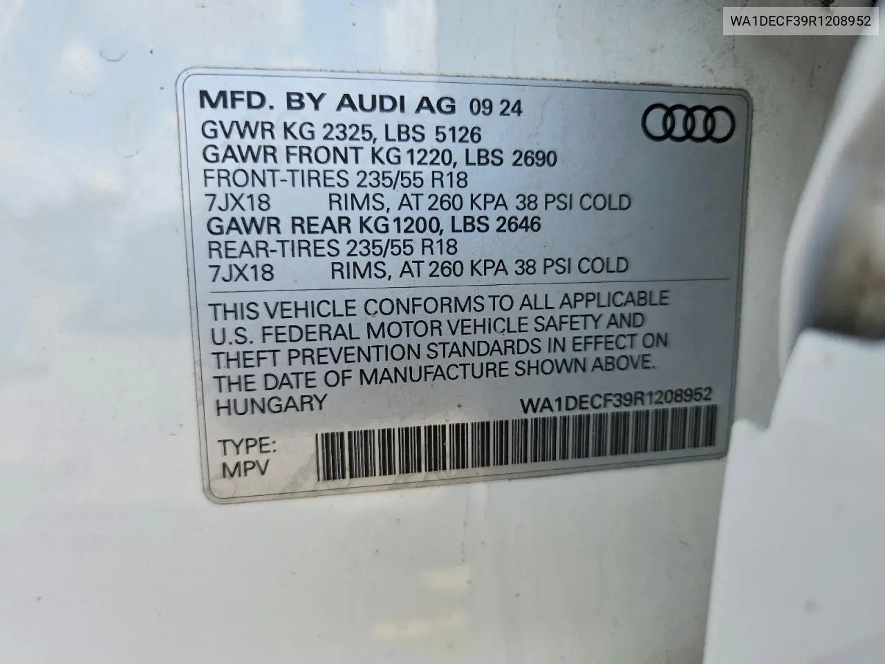2024 Audi Q3 Premium S Line 45 VIN: WA1DECF39R1208952 Lot: 58897796