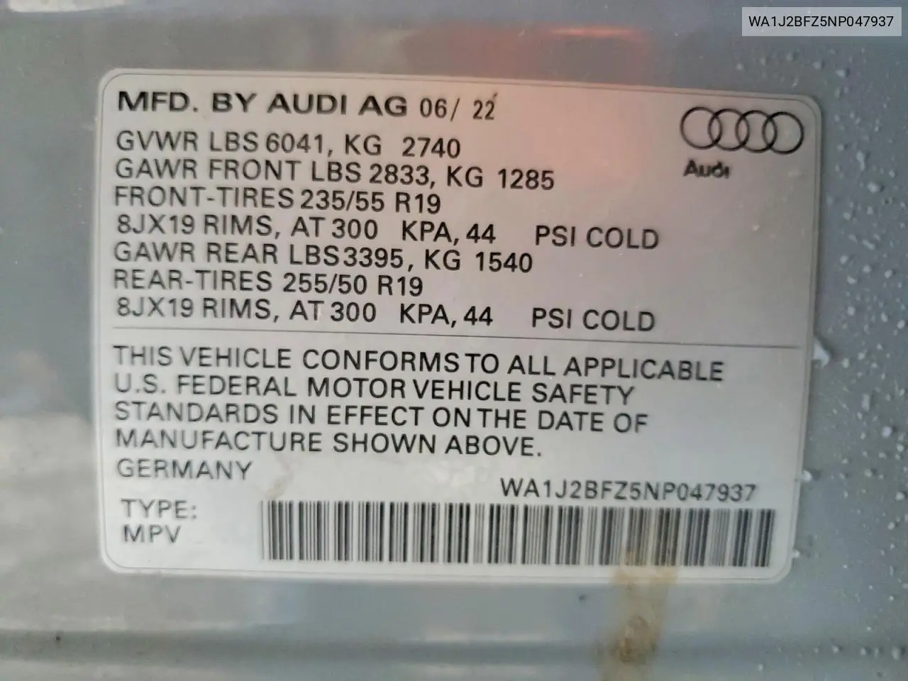 2022 Audi Q4 E-Tron Prestige VIN: WA1J2BFZ5NP047937 Lot: 76075005