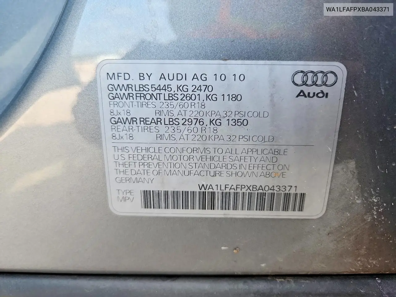 2011 Audi Q5 Premium Plus VIN: WA1LFAFPXBA043371 Lot: 61052706