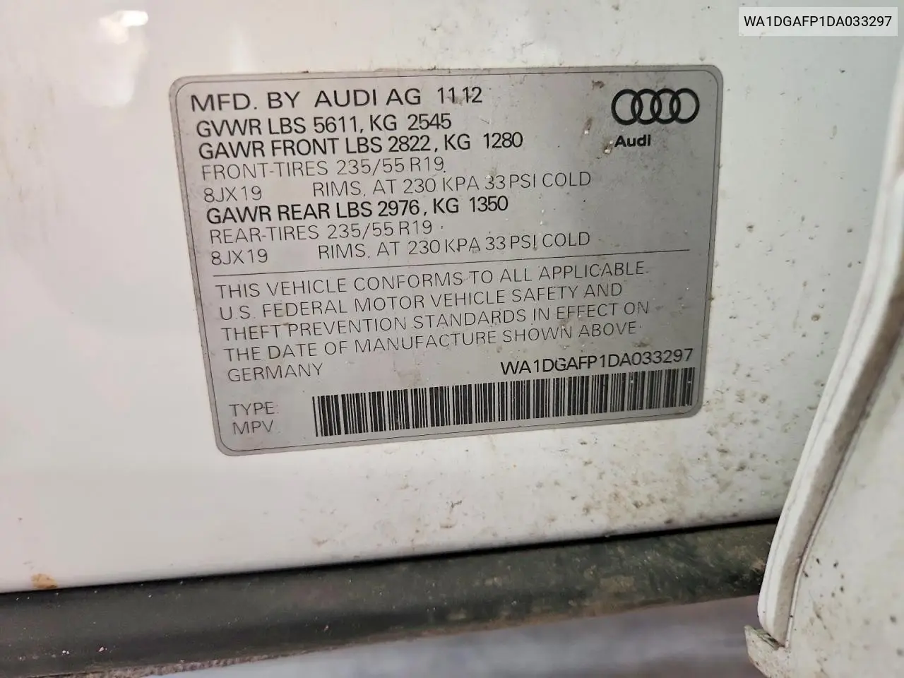 2013 Audi Q5 Premium Plus VIN: WA1DGAFP1DA033297 Lot: 61396636