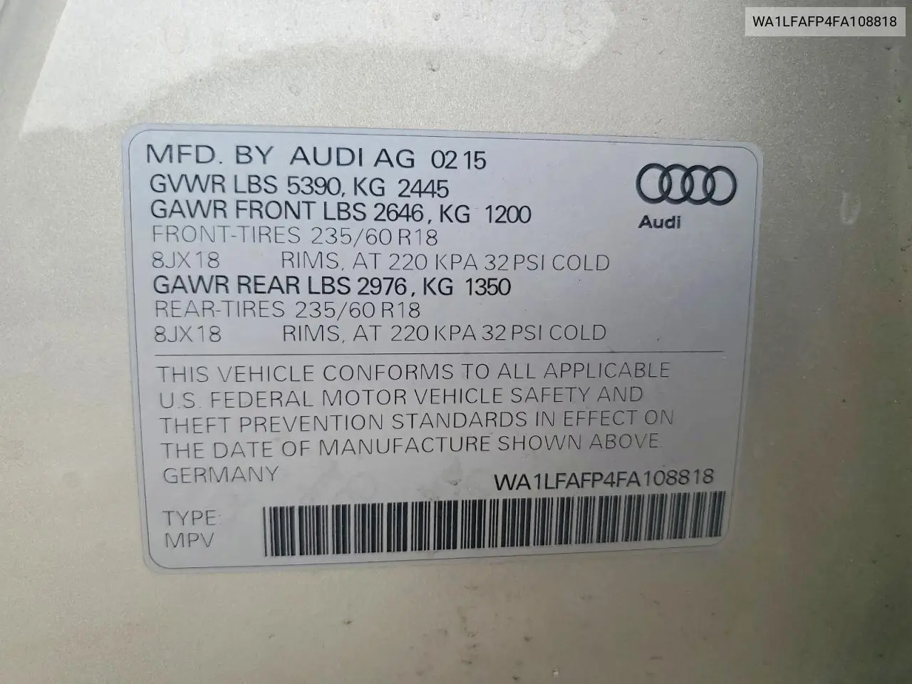 2015 Audi Q5 Premium Plus VIN: WA1LFAFP4FA108818 Lot: 61769166