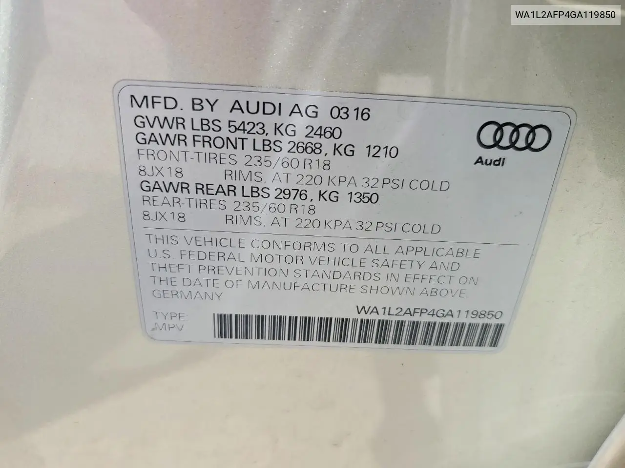 2016 Audi Q5 Premium Plus VIN: WA1L2AFP4GA119850 Lot: 61622226