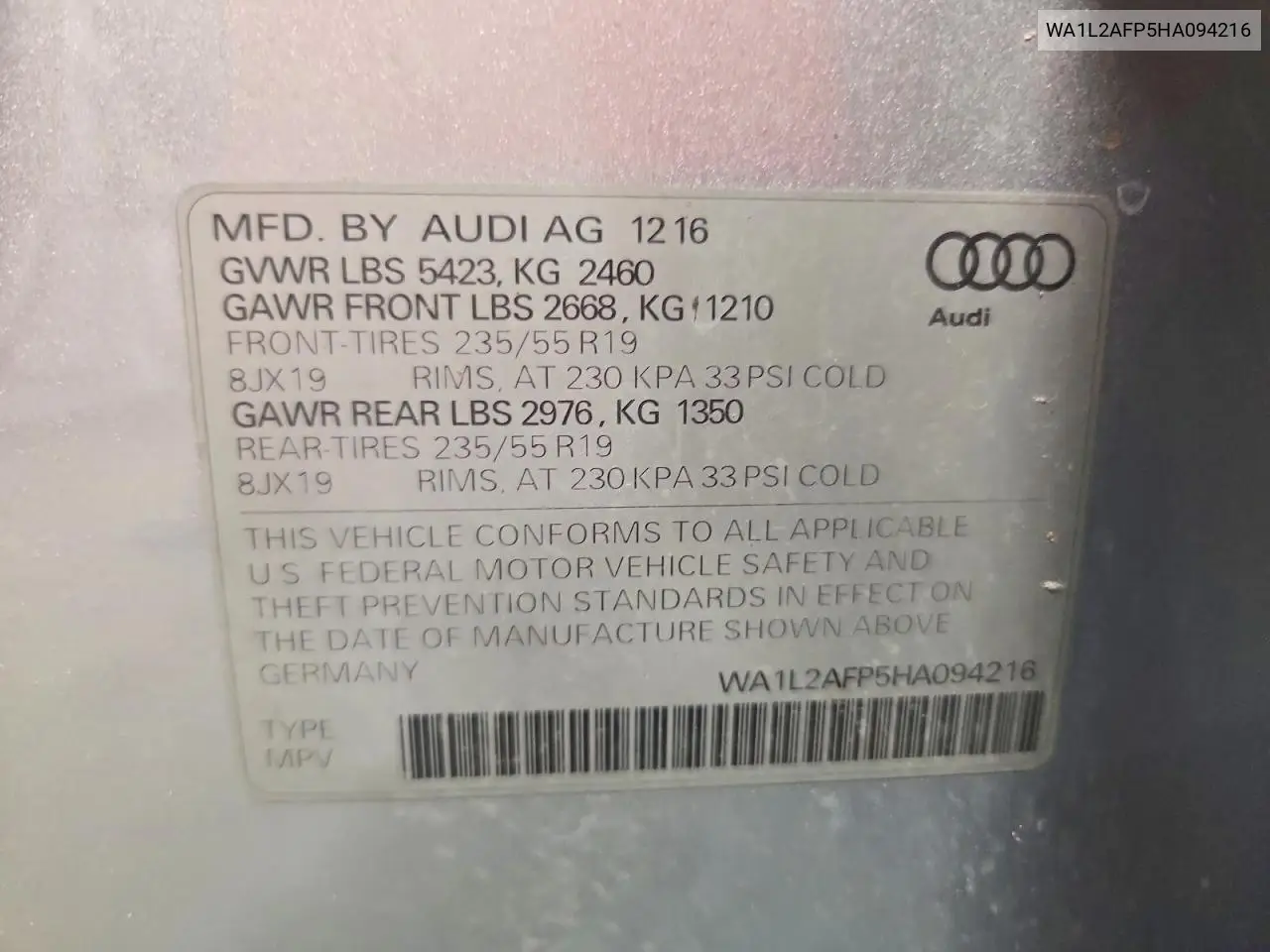 2017 Audi Q5 Premium Plus VIN: WA1L2AFP5HA094216 Lot: 61788876