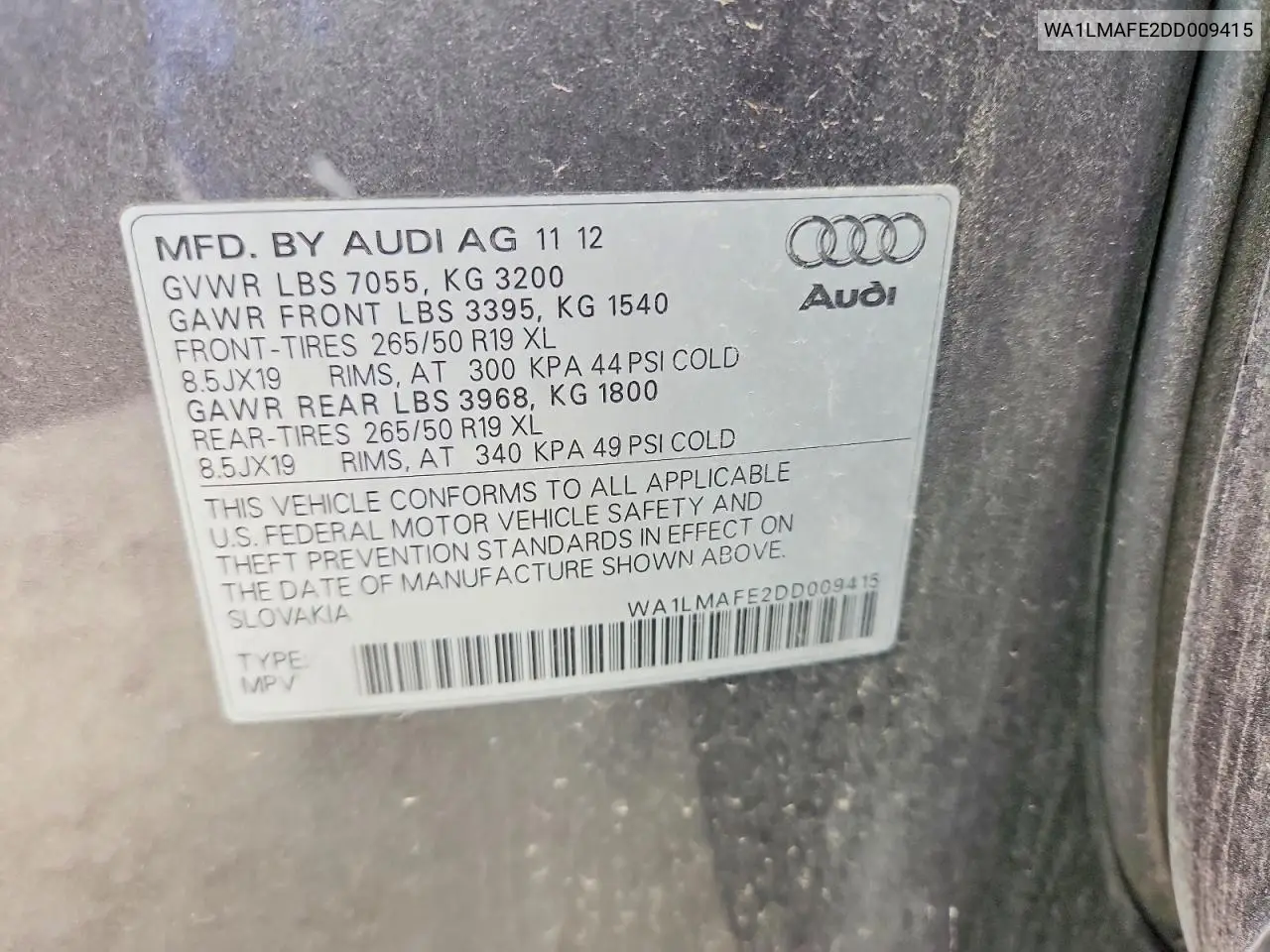 2013 Audi Q7 Premium Plus VIN: WA1LMAFE2DD009415 Lot: 57187636