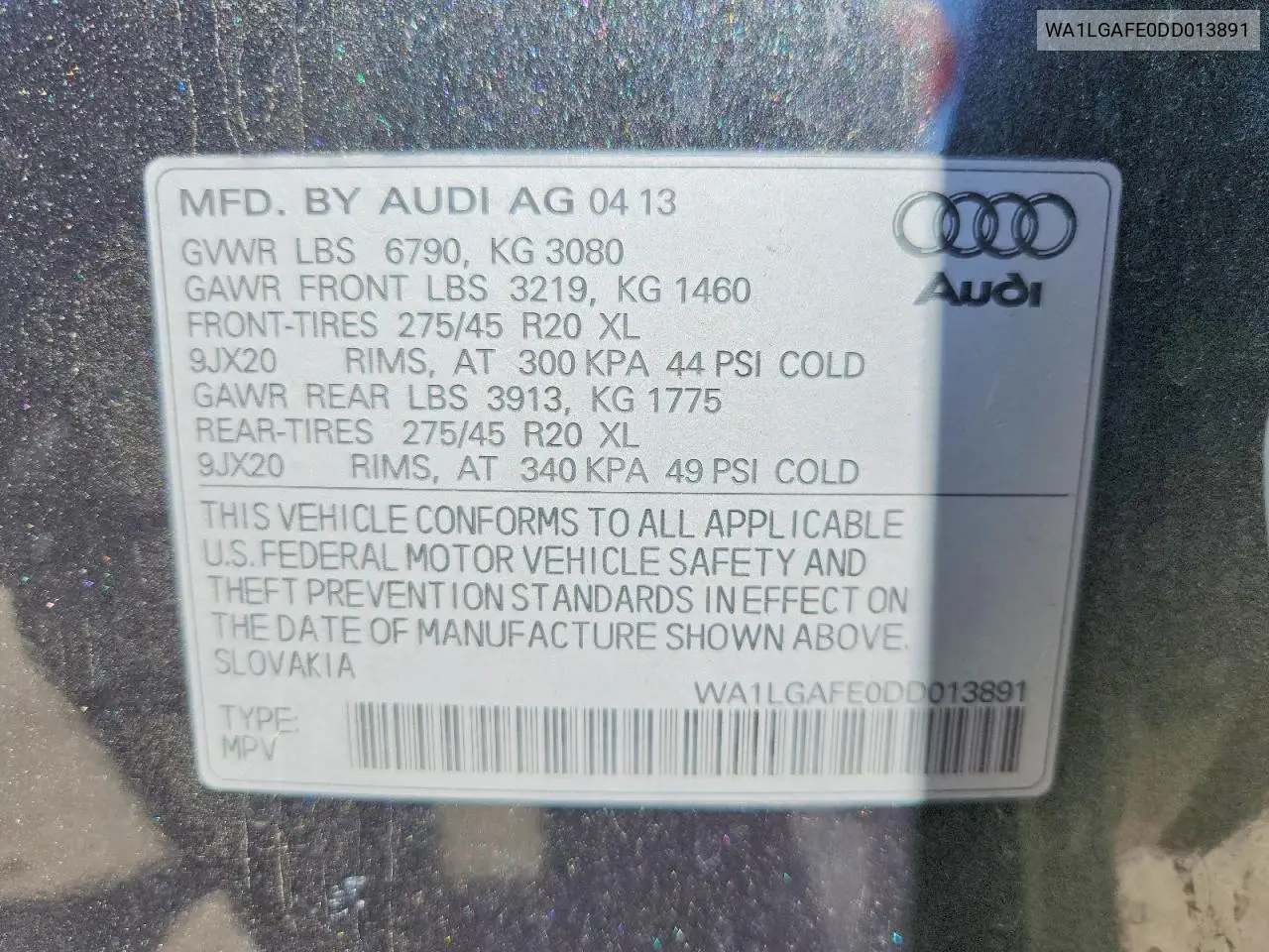 2013 Audi Q7 Premium Plus VIN: WA1LGAFE0DD013891 Lot: 60955736