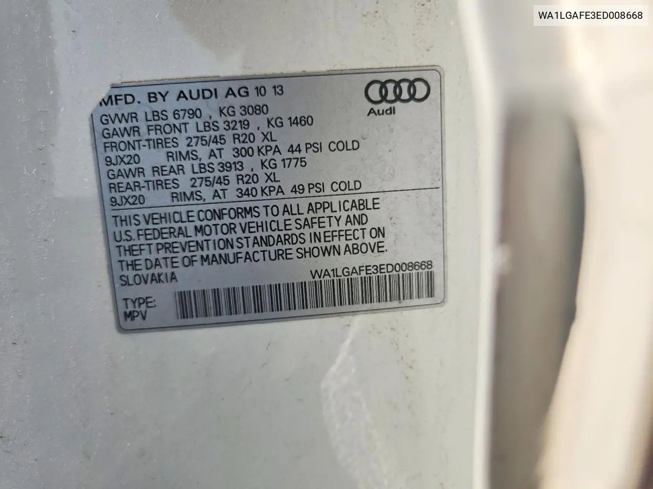 2014 Audi Q7 Premium Plus VIN: WA1LGAFE3ED008668 Lot: 60085726