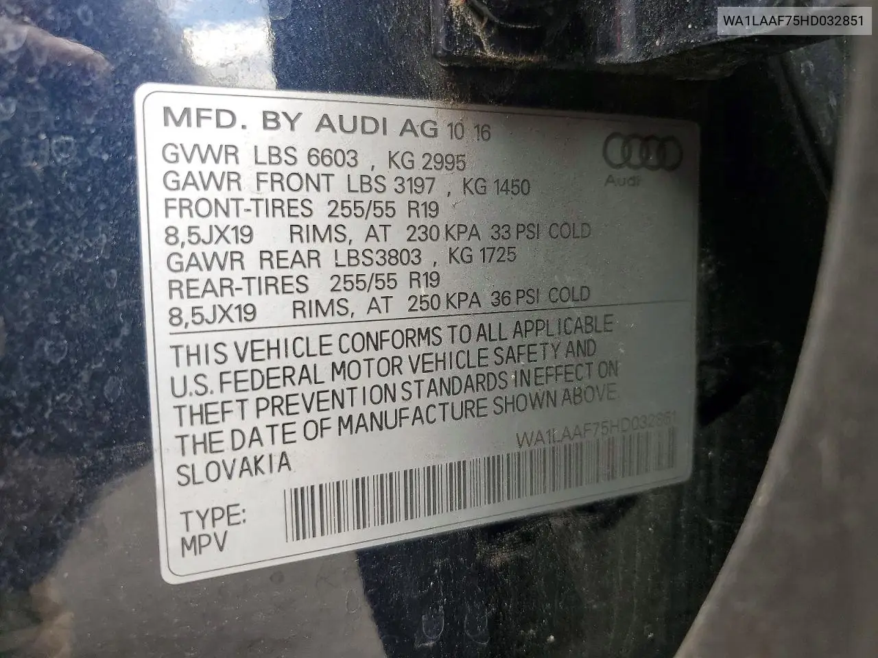 2017 Audi Q7 Premium Plus VIN: WA1LAAF75HD032851 Lot: 60566456