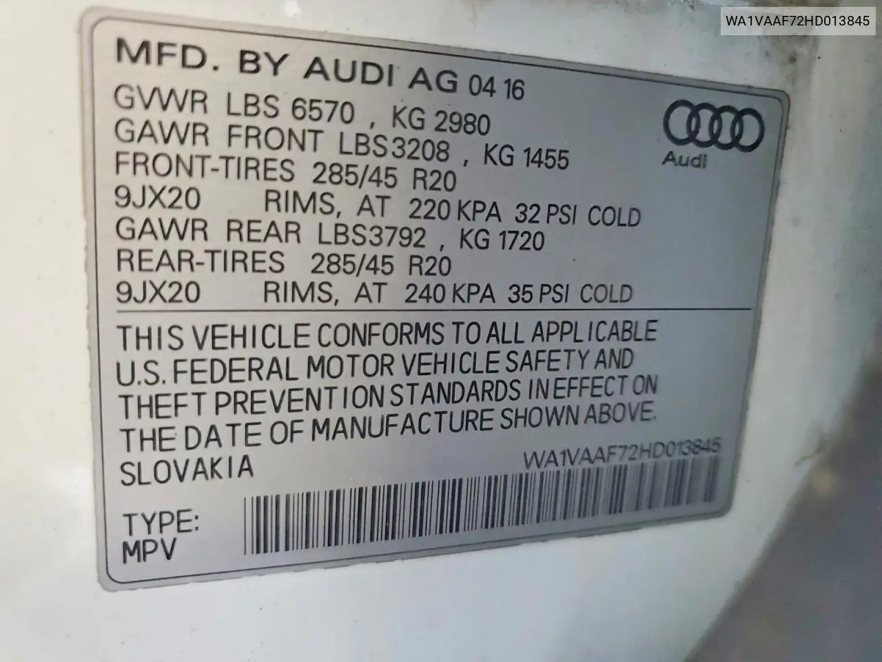 2017 Audi Q7 Prestige VIN: WA1VAAF72HD013845 Lot: 61334156