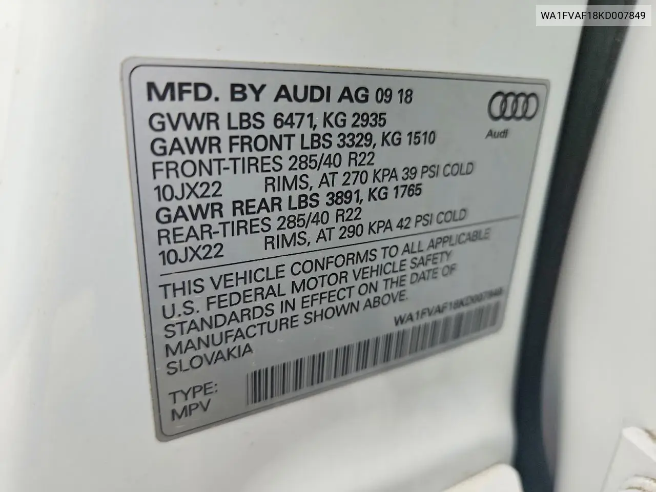 2019 Audi Q8 Prestige S-Line VIN: WA1FVAF18KD007849 Lot: 45884016
