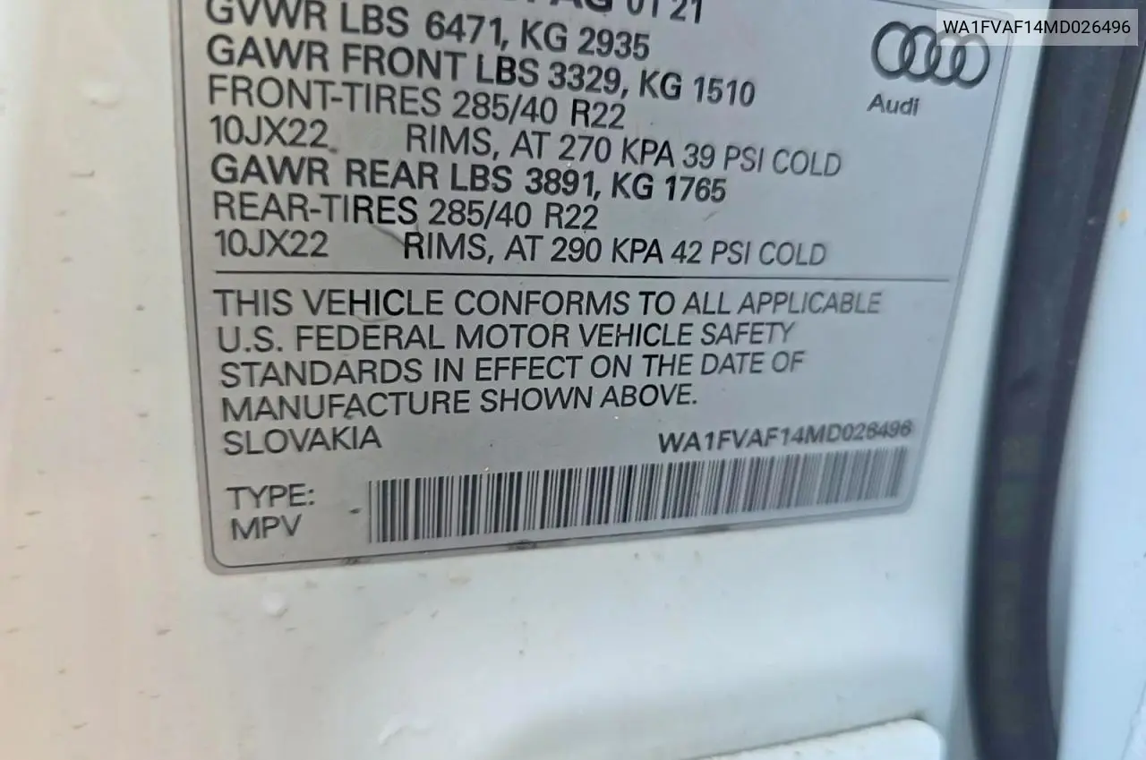 2021 Audi Q8 Prestige S-Line VIN: WA1FVAF14MD026496 Lot: 61393366