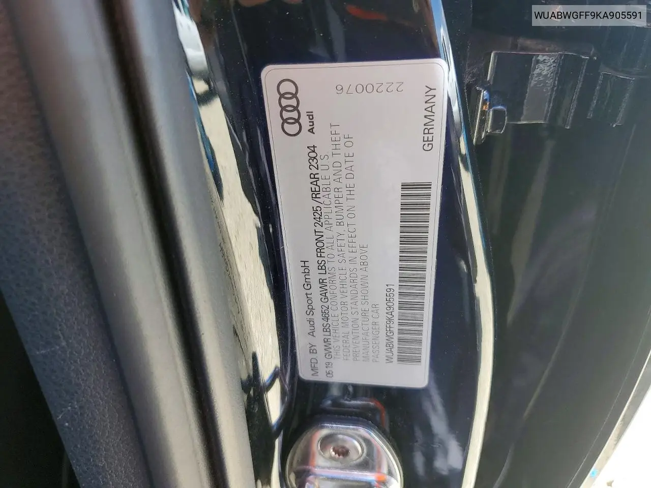 2019 Audi Rs3 VIN: WUABWGFF9KA905591 Lot: 51374006