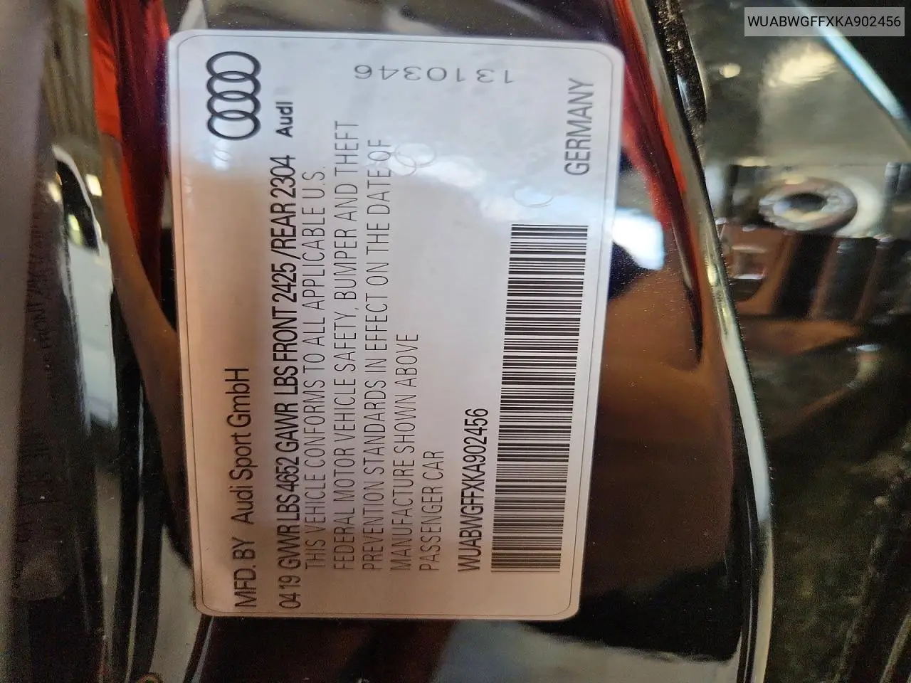 2019 Audi Rs3 VIN: WUABWGFFXKA902456 Lot: 59137026