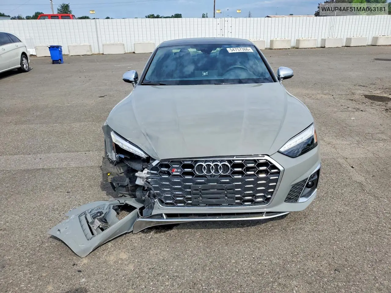 2021 Audi S5 Premium Plus VIN: WAUP4AF51MA063181 Lot: 54757366