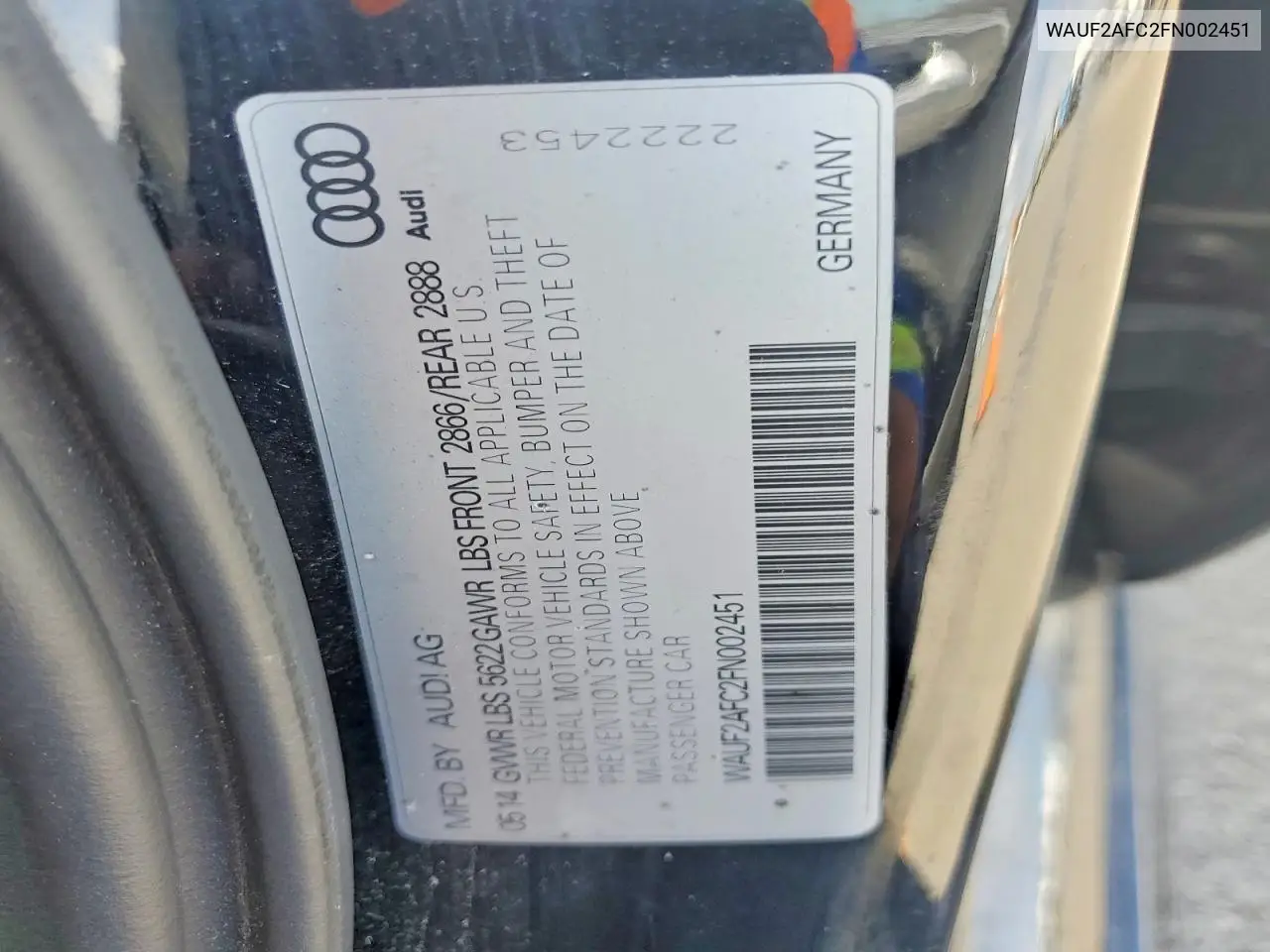 2015 Audi S6 VIN: WAUF2AFC2FN002451 Lot: 77413935