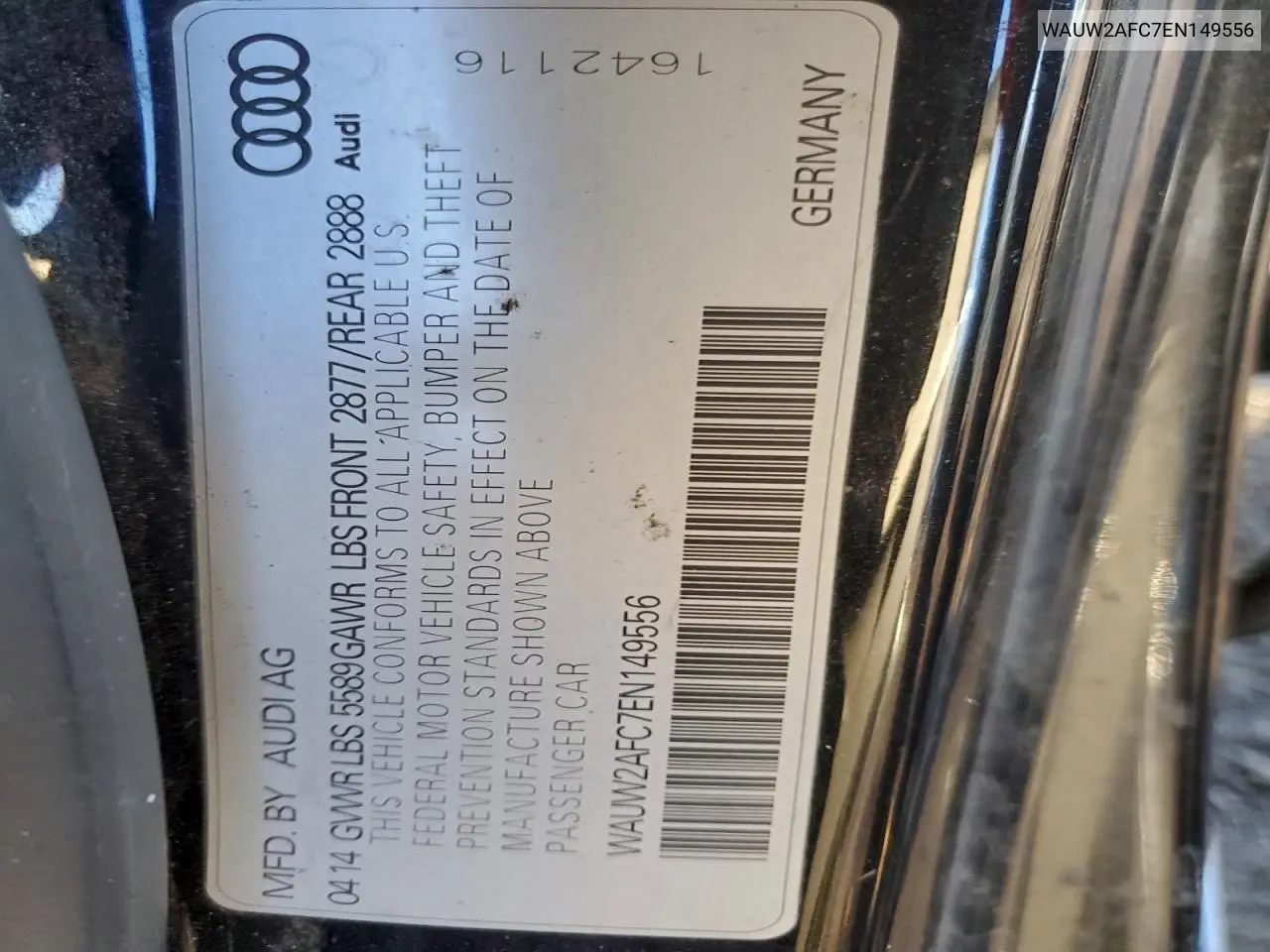 2014 Audi S7 Premium VIN: WAUW2AFC7EN149556 Lot: 72957315