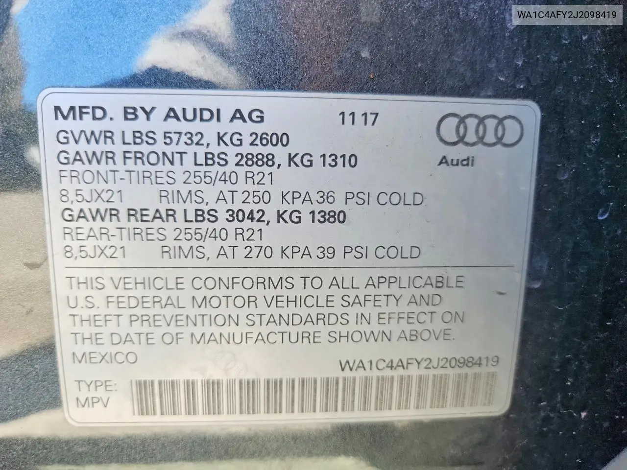 2018 Audi Sq5 Prestige VIN: WA1C4AFY2J2098419 Lot: 60088216
