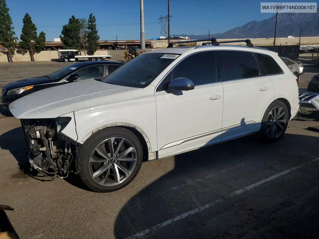 2022 Audi Sq7 Prestige VIN: WA1VWBF74ND006107 Lot: 61969586