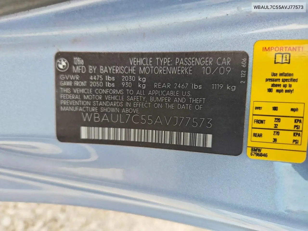 2010 BMW 128 I VIN: WBAUL7C55AVJ77573 Lot: 55467976