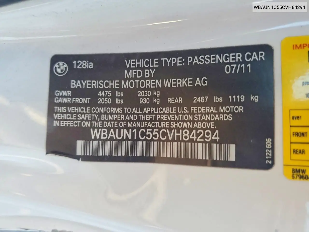2012 BMW 128 I VIN: WBAUN1C55CVH84294 Lot: 76139615