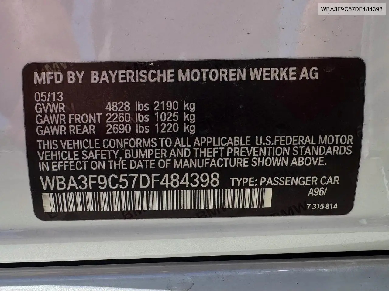 2013 BMW Activehybrid 3 VIN: WBA3F9C57DF484398 Lot: 60680046