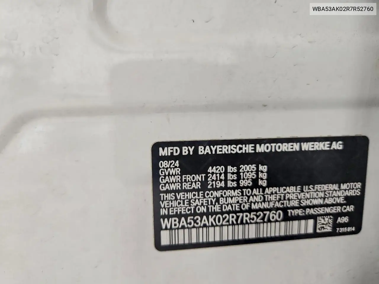 2024 BMW 228I VIN: WBA53AK02R7R52760 Lot: 85793865