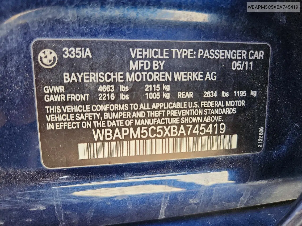 2011 BMW 335 I VIN: WBAPM5C5XBA745419 Lot: 62352586