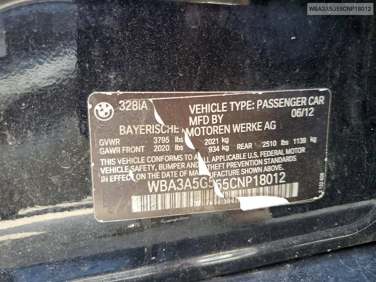 2012 BMW 328 I VIN: WBA3A5G55CNP18012 Lot: 51925066