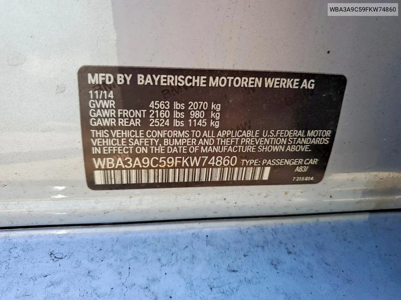 2015 BMW 335 I VIN: WBA3A9C59FKW74860 Lot: 61212166