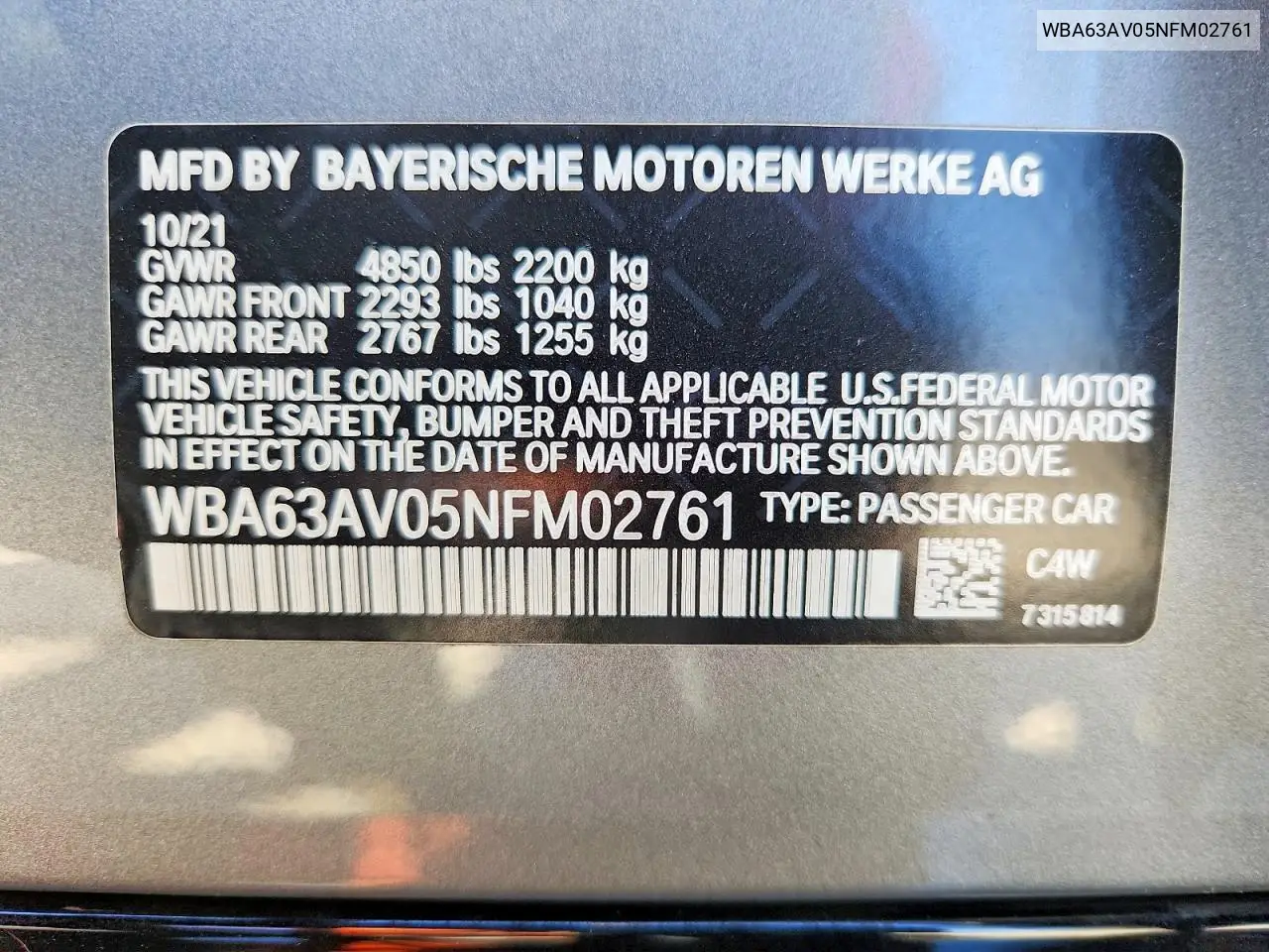 2022 BMW 430I Gran Coupe VIN: WBA63AV05NFM02761 Lot: 60251316