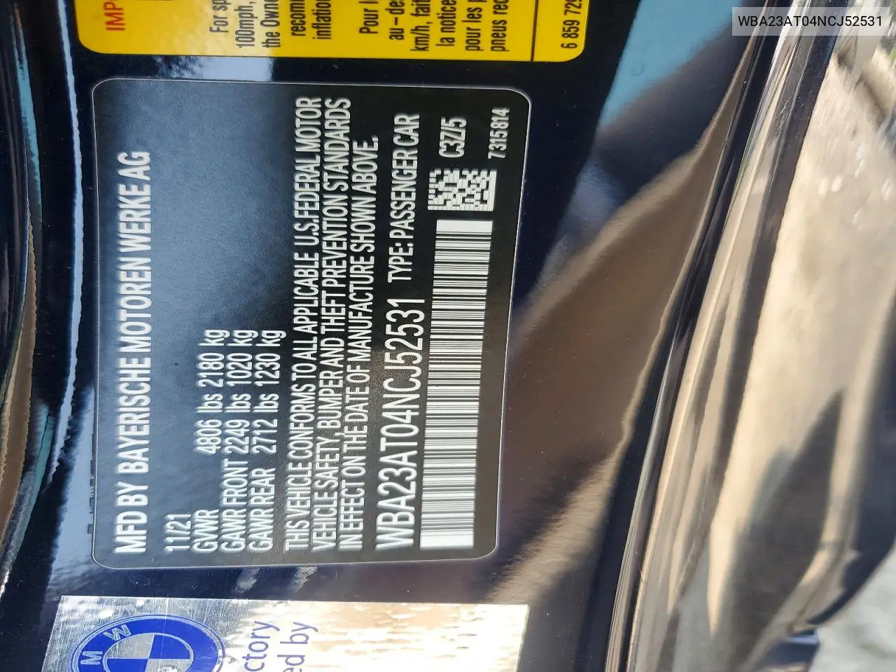 2022 BMW 430I VIN: WBA23AT04NCJ52531 Lot: 61208016