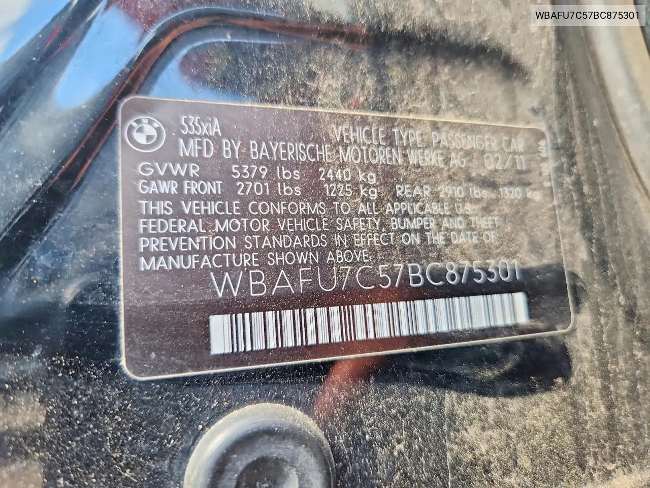 2011 BMW 535 Xi VIN: WBAFU7C57BC875301 Lot: 57002296