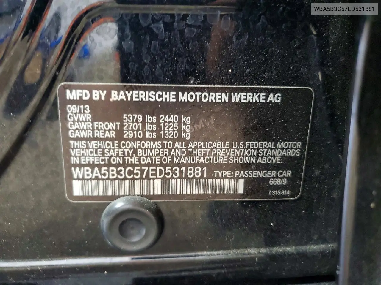 2014 BMW 535 Xi VIN: WBA5B3C57ED531881 Lot: 59164966