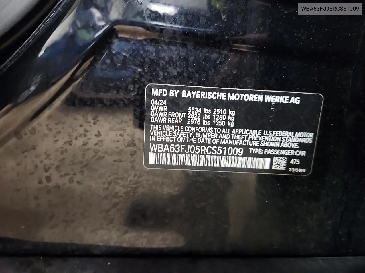 2024 BMW 540 Xi VIN: WBA63FJ05RCS51009 Lot: 56682586