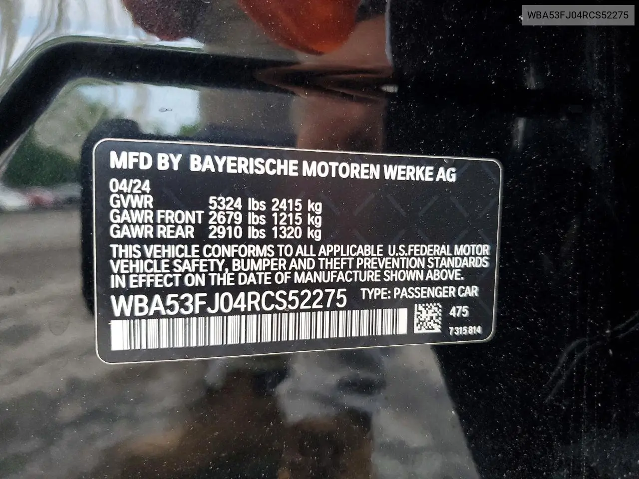 2024 BMW 530 Xi VIN: WBA53FJ04RCS52275 Lot: 58799436