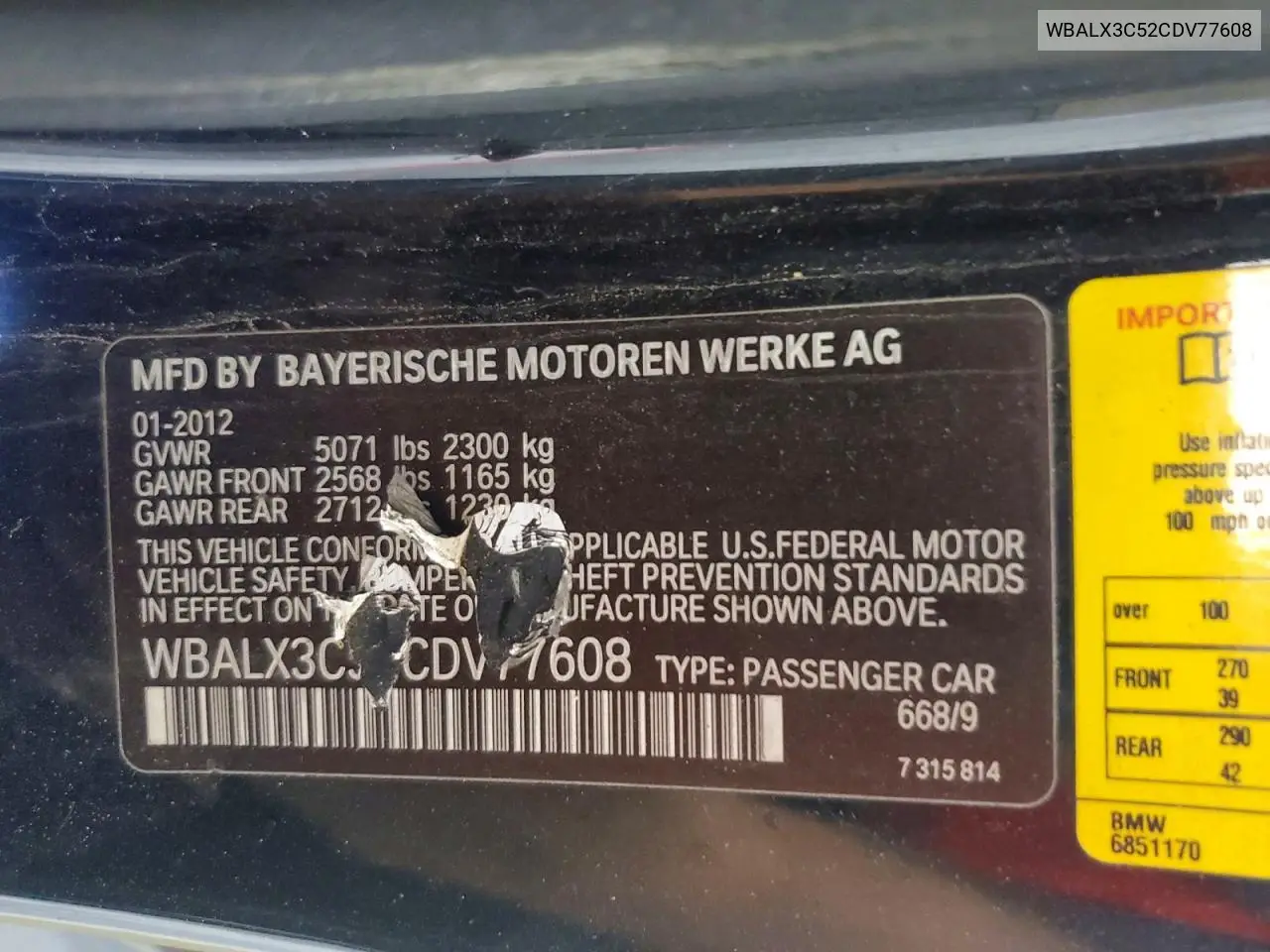 2012 BMW 6 Series VIN: WBALX3C52CDV77608 Lot: 61280906
