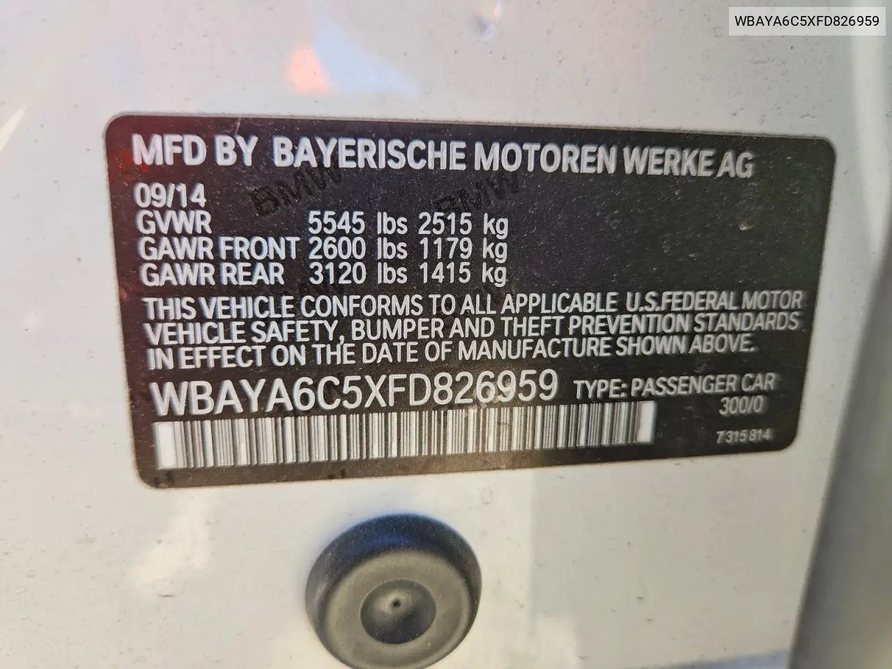2015 BMW 740 I VIN: WBAYA6C5XFD826959 Lot: 61874346