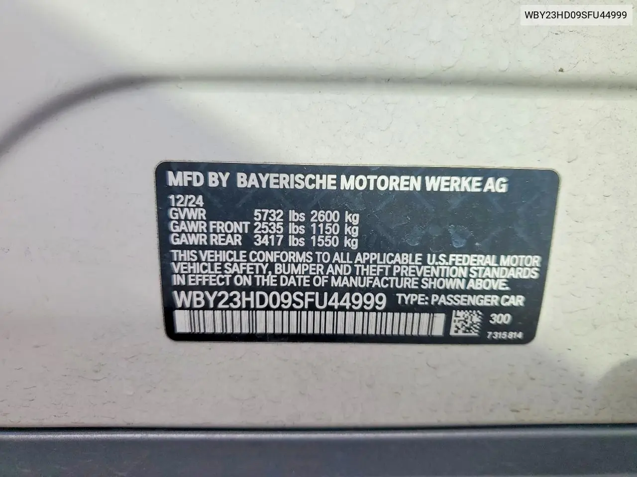 2025 BMW I4 Edrive 40 VIN: WBY23HD09SFU44999 Lot: 77000825