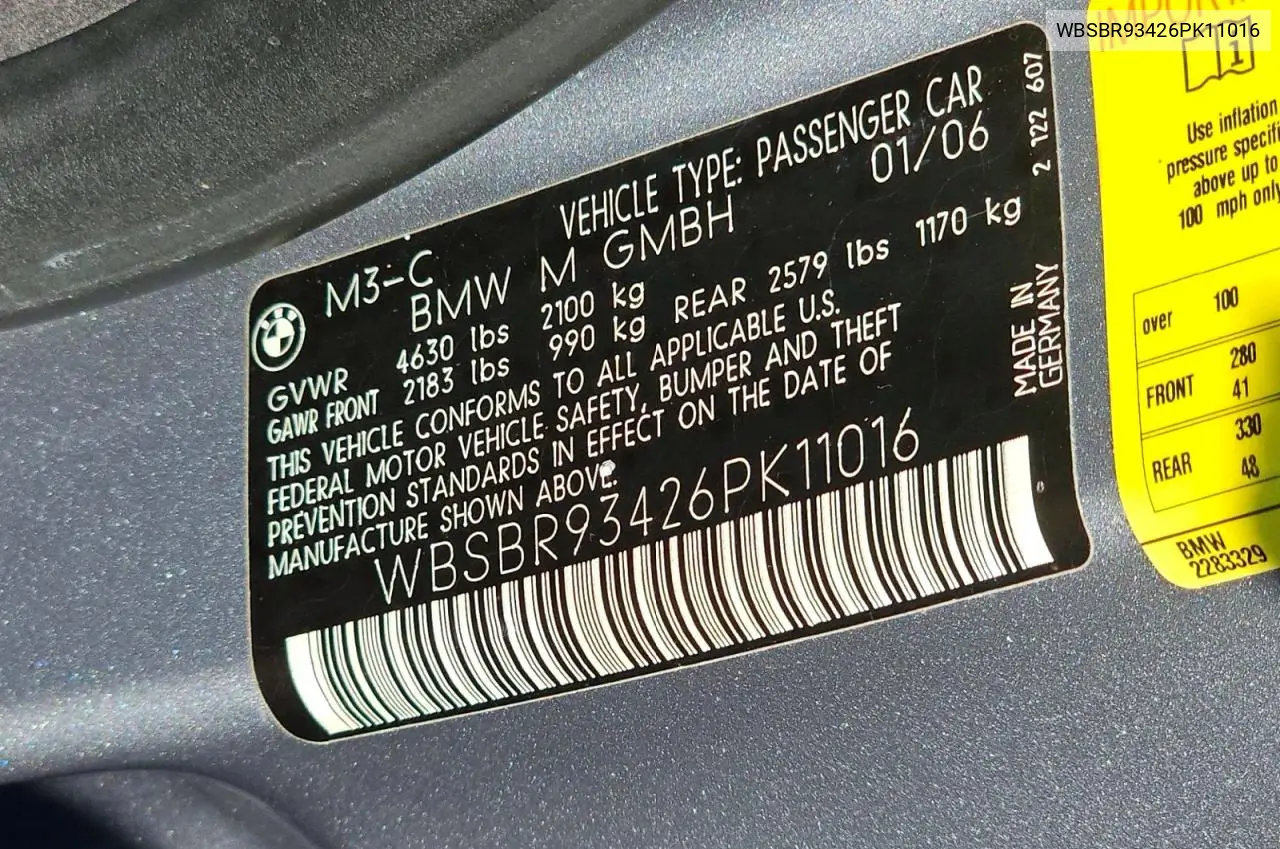 2006 BMW M3 VIN: WBSBR93426PK11016 Lot: 61739806