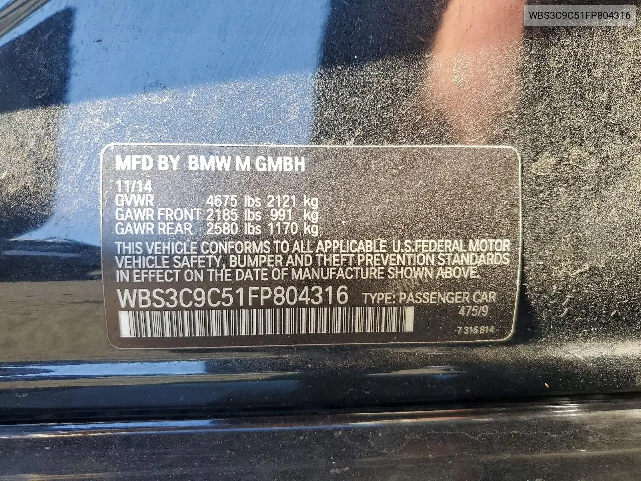 2015 BMW M3 VIN: WBS3C9C51FP804316 Lot: 57716206