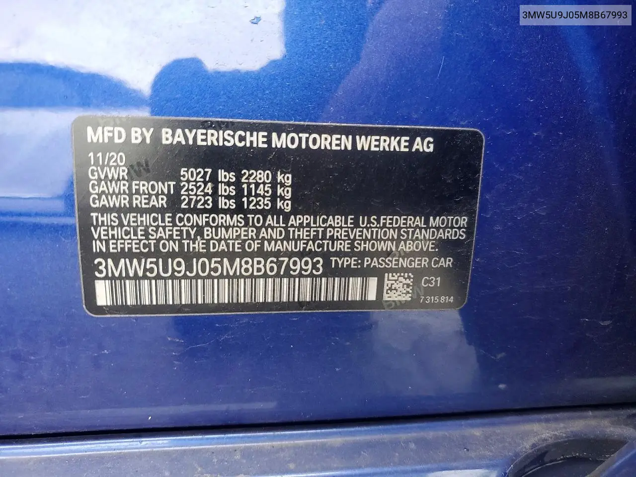 2021 BMW M340Xi VIN: 3MW5U9J05M8B67993 Lot: 50189356