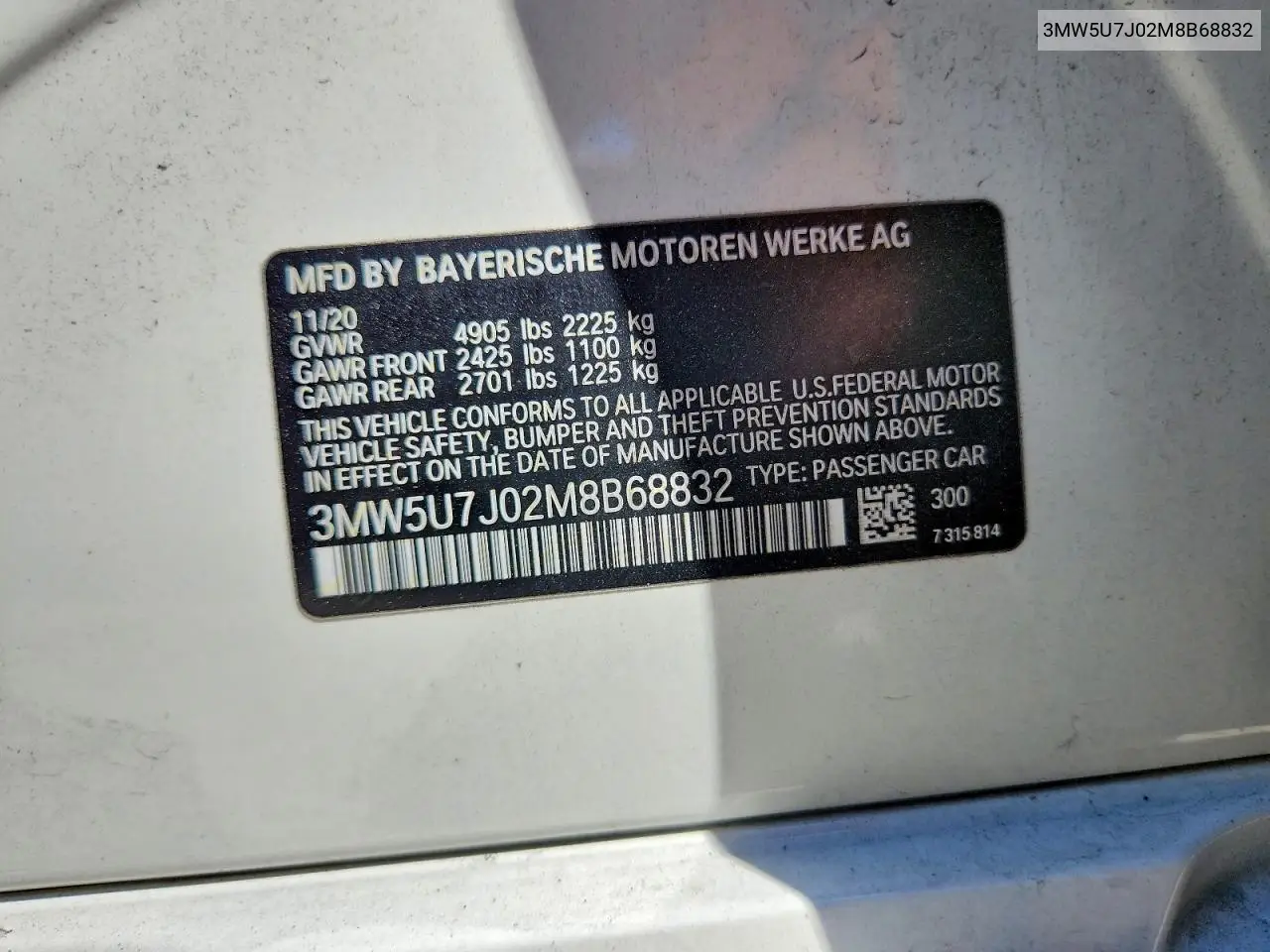 2021 BMW M340I VIN: 3MW5U7J02M8B68832 Lot: 57529366