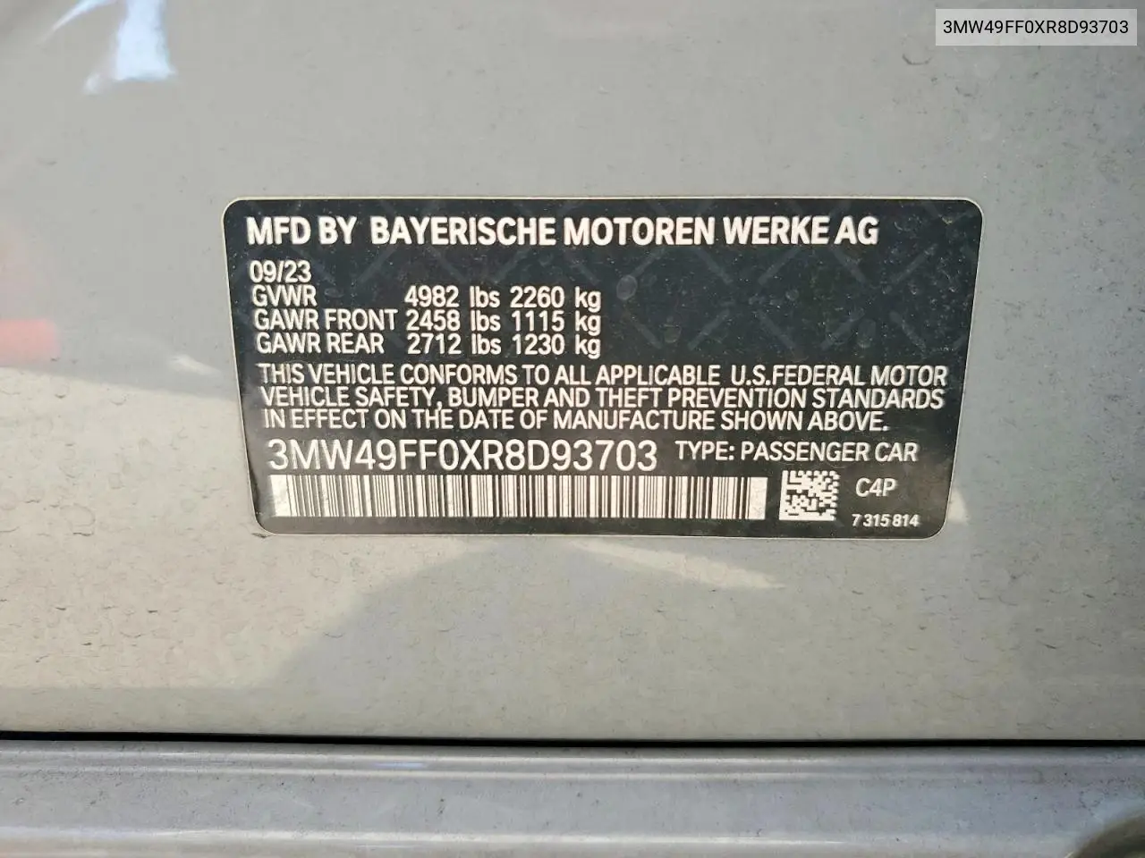 2024 BMW M340Xi VIN: 3MW49FF0XR8D93703 Lot: 50717206