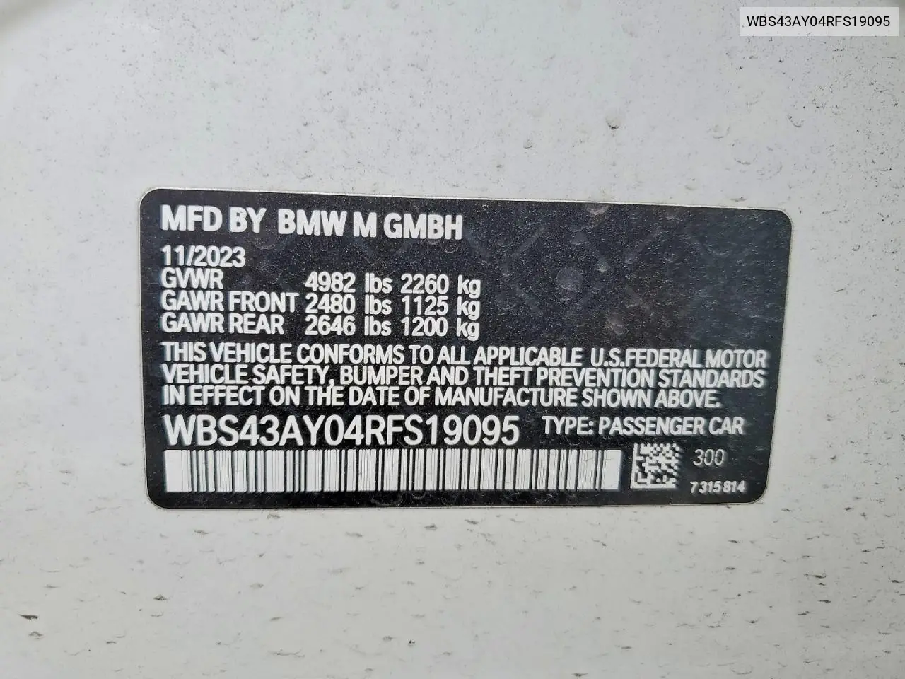2024 BMW M3 Competition VIN: WBS43AY04RFS19095 Lot: 51883646