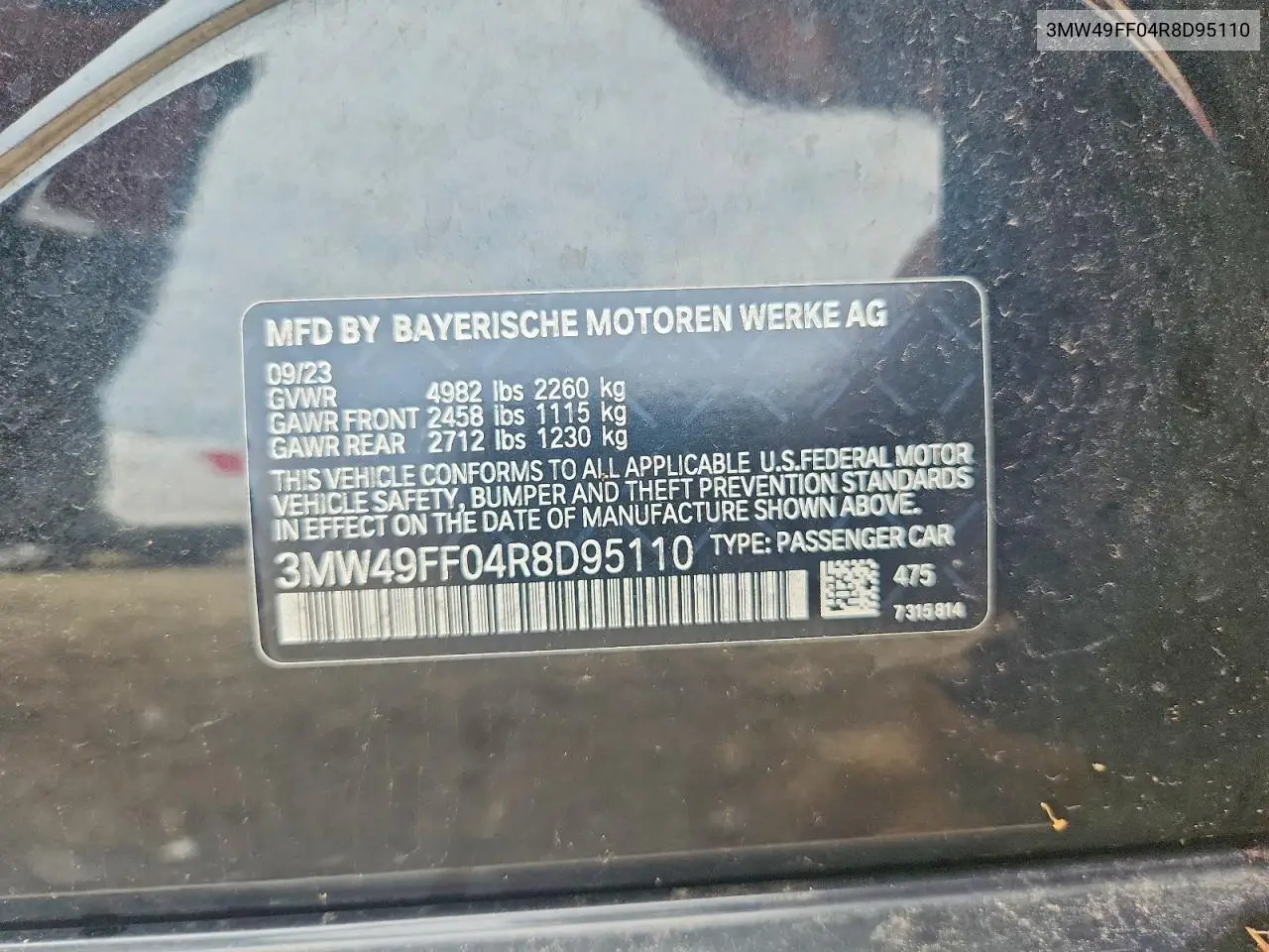 2024 BMW M340Xi VIN: 3MW49FF04R8D95110 Lot: 56250786
