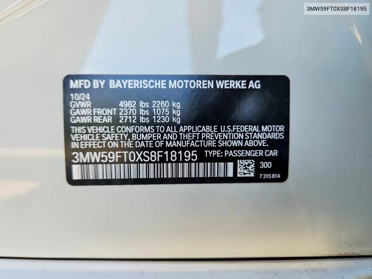 2025 BMW M340I VIN: 3MW59FT0XS8F18195 Lot: 61247386