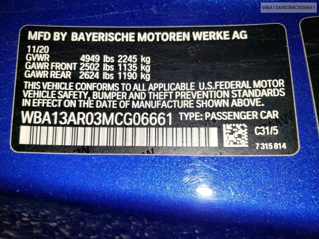 2021 BMW M440Xi VIN: WBA13AR03MCG06661 Lot: 55970716